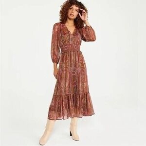 Ann Taylor Petite Shimmer Metallic Paisley Smocked Waist Tier Bohemian Floral 2P